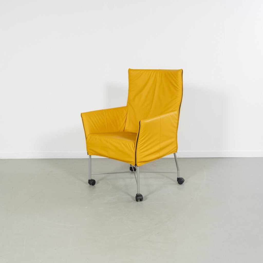 8x Montis Charly Fauteuil Okergeel Leder - Grijs/Wielen, Niet ingevuld, Gebruikt, Minder dan 75 cm, Niet ingevuld