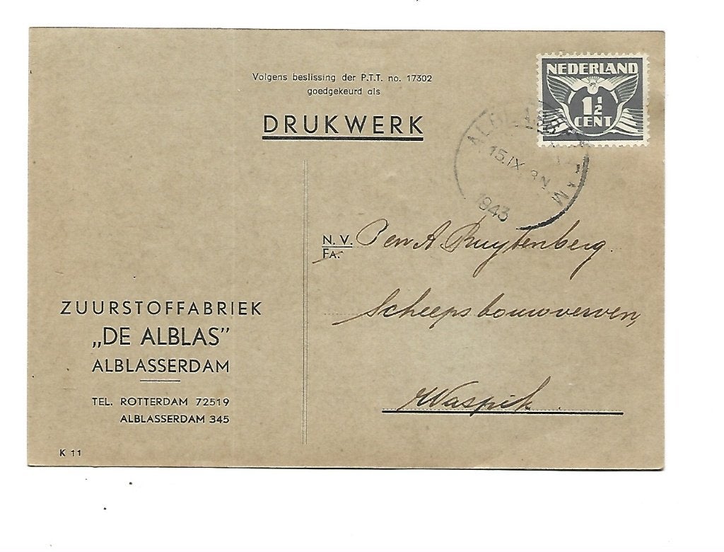 Alblasserdam -Zuurstoffabriek "De Alblas "naar Waspik ", Verzenden, Briefkaart