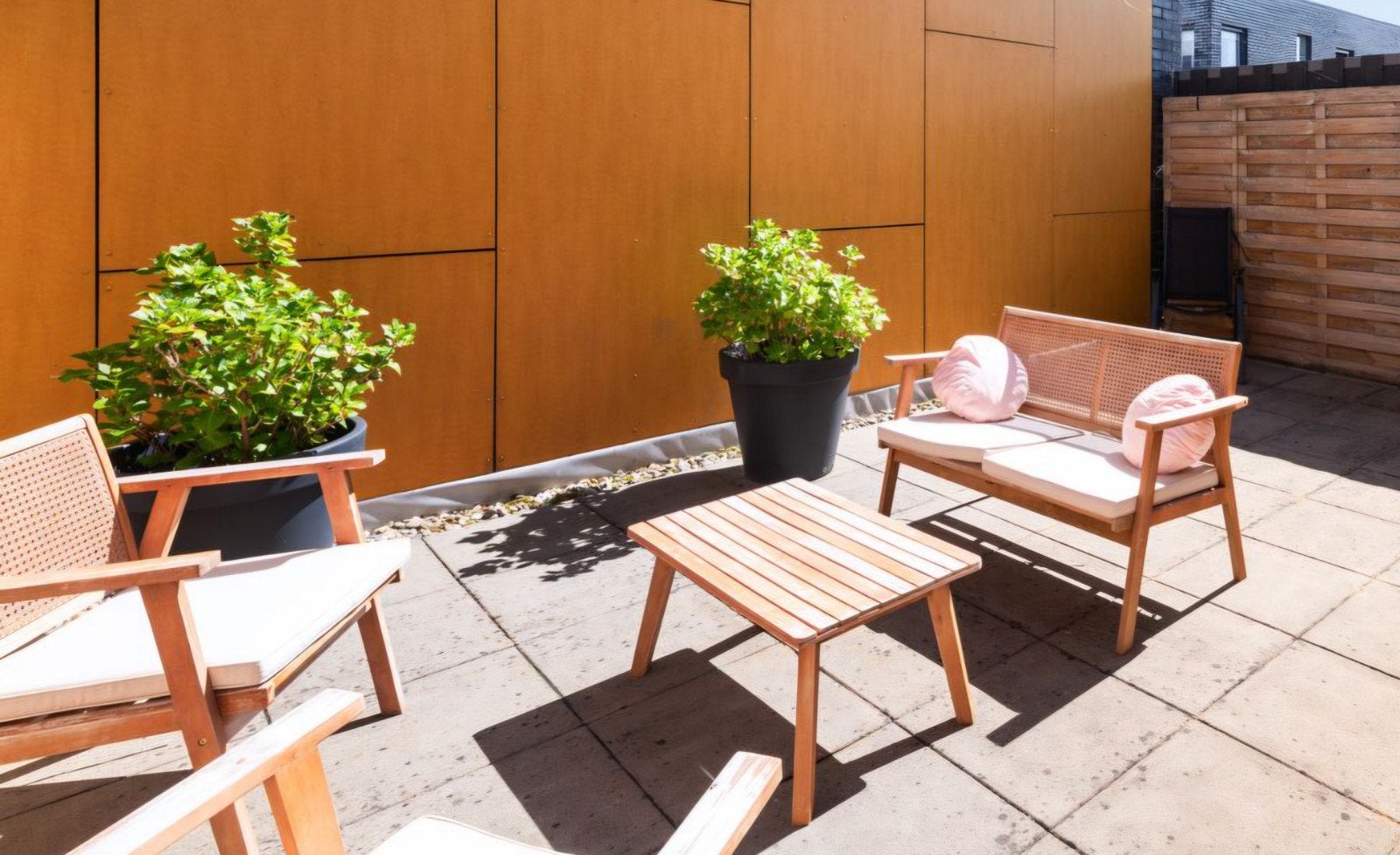 Loungeset Acaciahout - Bank, 2 Stoelen, Tafel met Kussens, Ophalen, 4 zitplaatsen, Gebruikt, Bank
