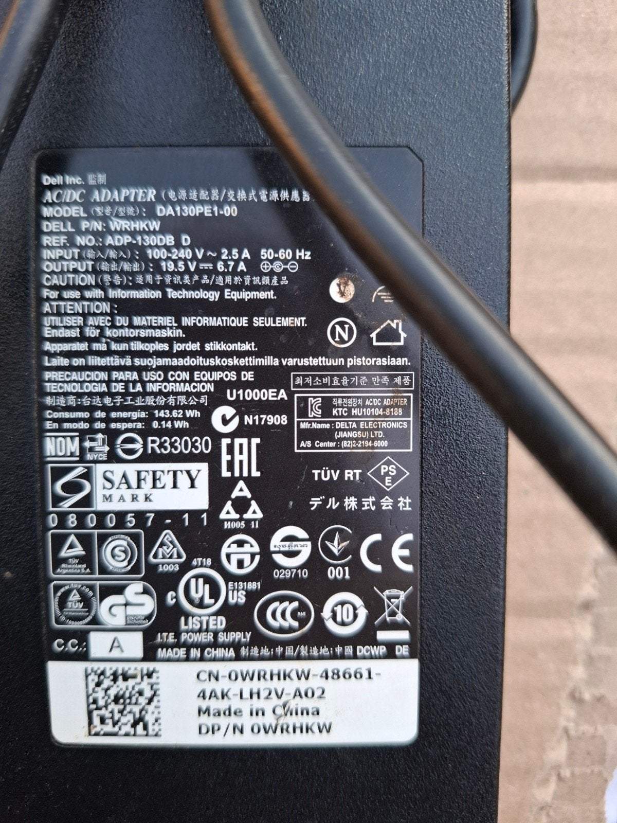 Dell AC/DC Adapter DA130PE1-00 WRHKW Oplader, Ophalen of Verzenden, Gebruikt, Dell
