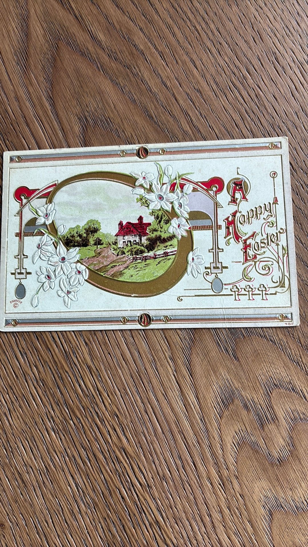 Vrolijk Pasen. Reliefkaart, ,landelijk, zilveropdruk,bloemen, Ophalen of Verzenden, Voor 1920, Gelopen