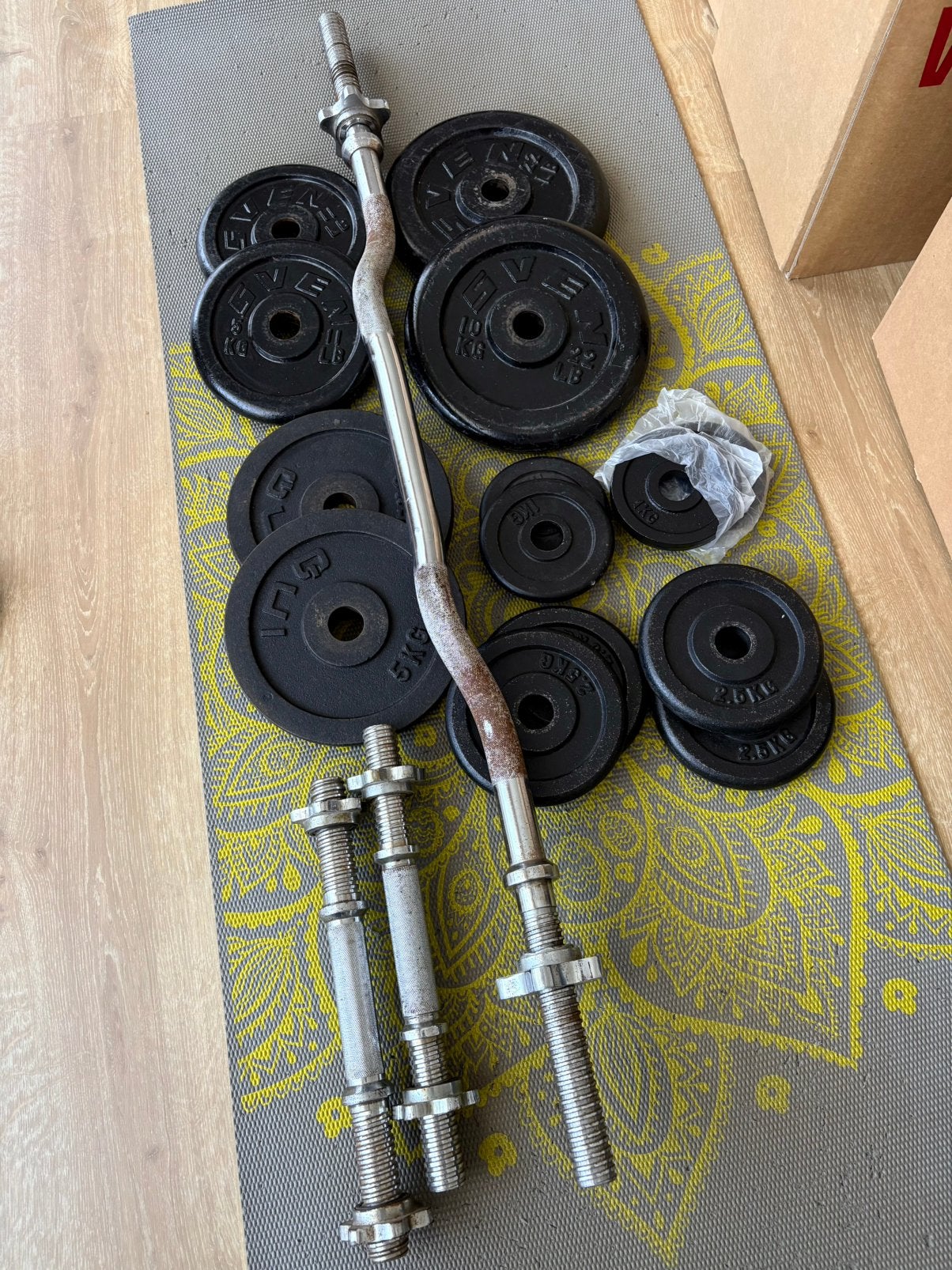 30mm Dumbbell halter set, EZ curl bar en gietijzeren platen, Sport en Fitness, Fitnessmaterialen, Ophalen, Zo goed als nieuw, Halterschijven