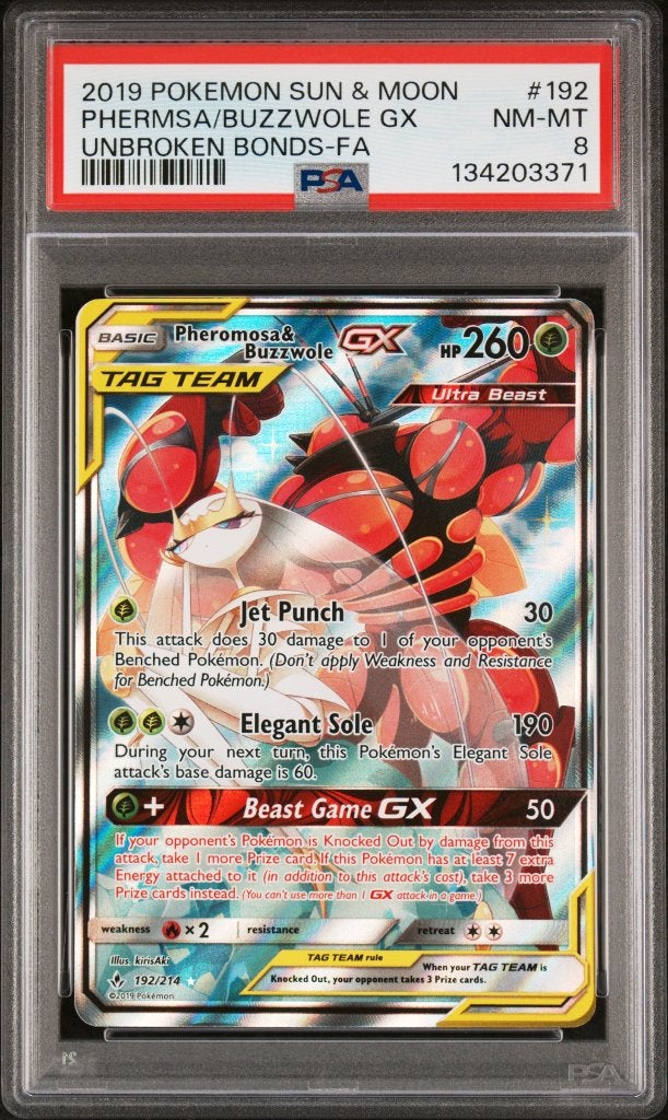 Pokemon PHERMSA/BUZZWOLE GX Unbroken Bonds Sun & Moon PSA 8, Ophalen of Verzenden, Zo goed als nieuw, Losse kaart