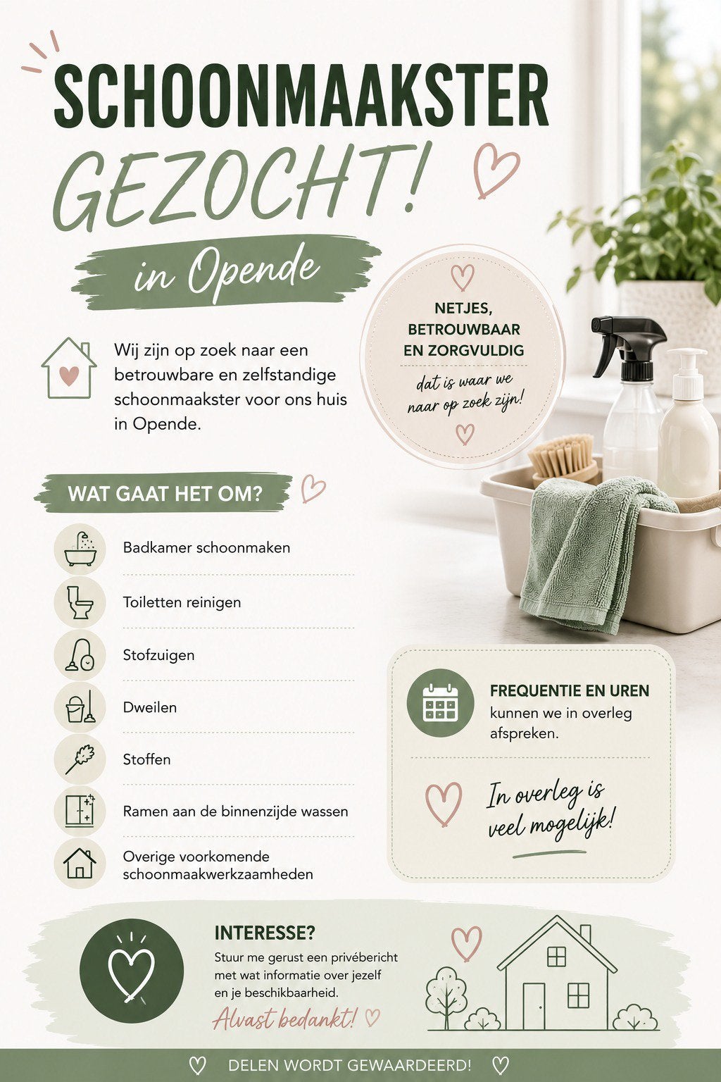 Schoonmaakster gezocht in Opende, Vacatures, Overige niveaus, Overige vormen