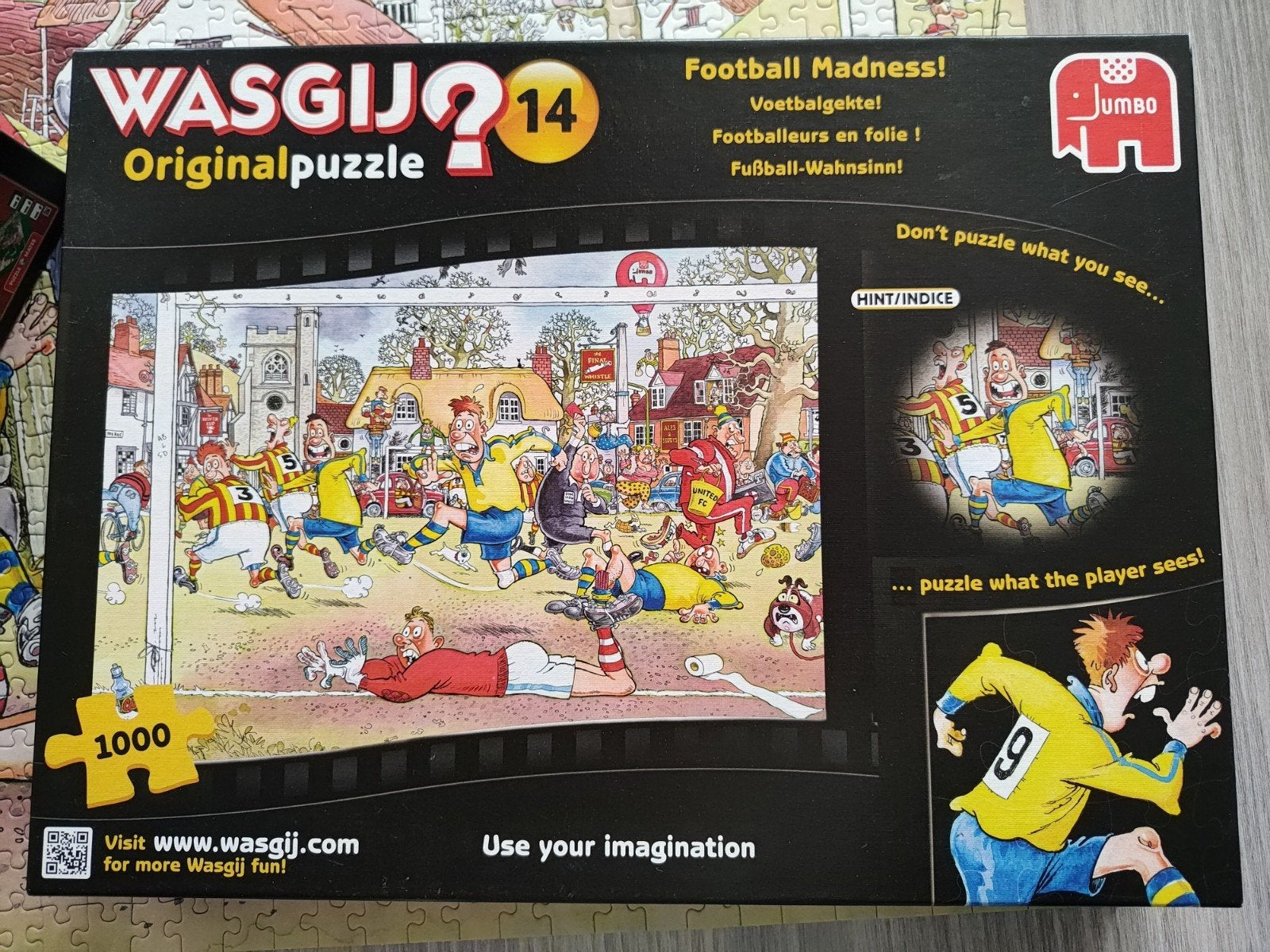 Jumbo wasgij puzzel 1000 stukjes nr 14 Voetbalgekte!, Ophalen of Verzenden, 500 t/m 1500 stukjes, Zo goed als nieuw, Legpuzzel