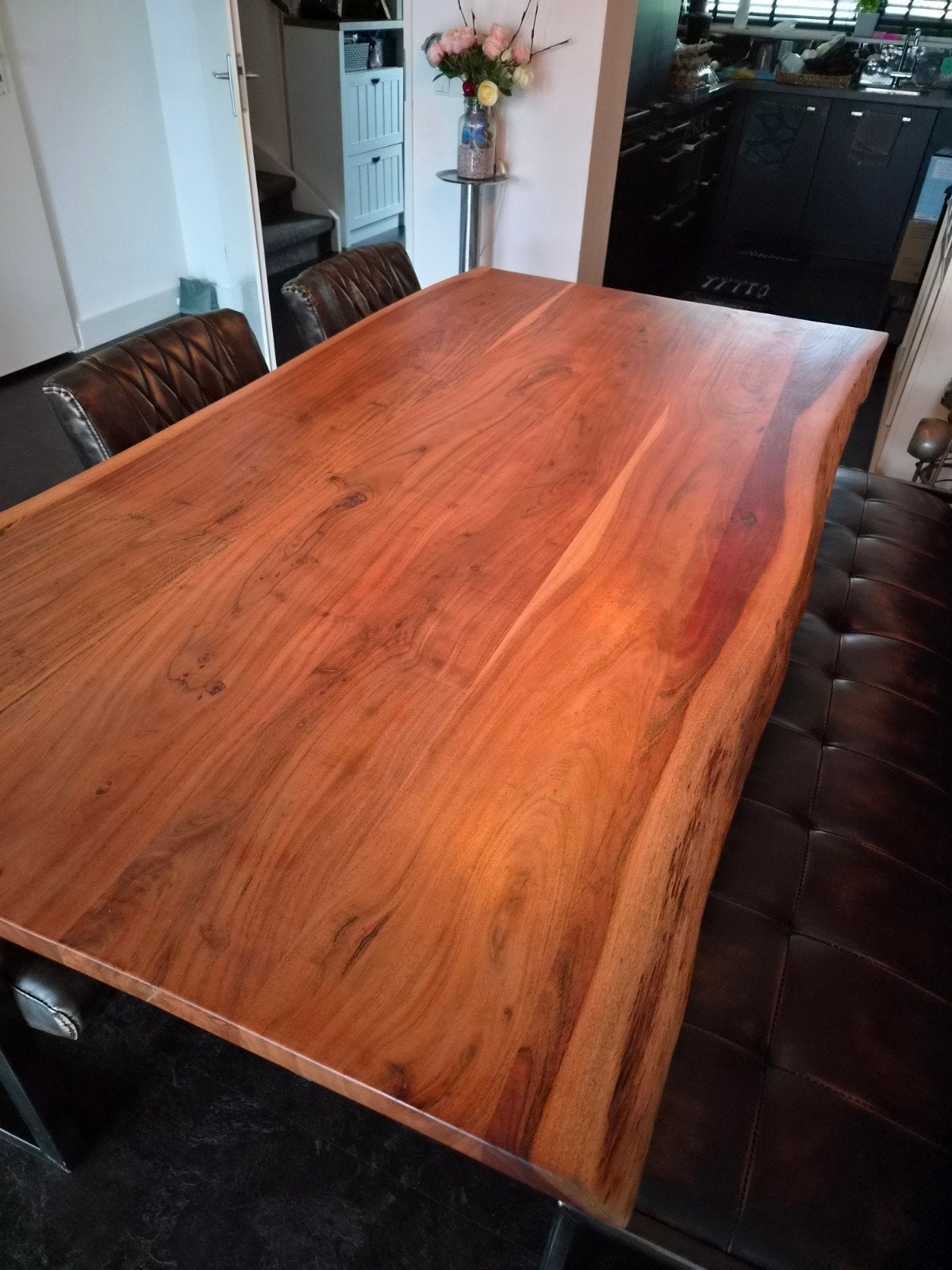 Eettafel set hout en leer van Profijt Meube zganl, Ophalen, 100 tot 150 cm, 200 cm of meer, Zo goed als nieuw