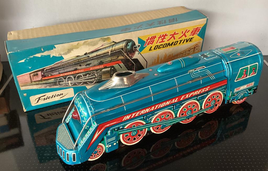 Vintage blikken Locomotief MF 804,China nieuw in doos,40 cm, Antiek en Kunst, Antiek | Speelgoed, Ophalen