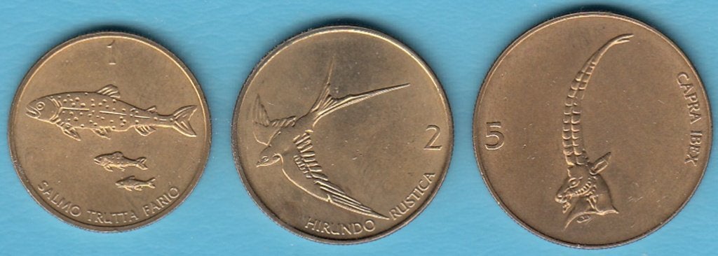 Slovenië Tolar, 2 Tolarja en 5 Tolarjev 1994-1996 dieren, Ophalen of Verzenden, Overige landen, Setje