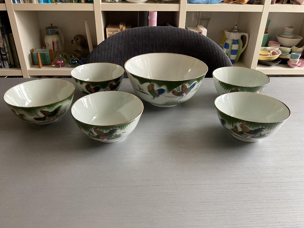 6x Chinese porseleinen hanenkom rijstkom 1e helft 20e eeuw, Antiek en Kunst, Antiek | Servies los, Ophalen of Verzenden