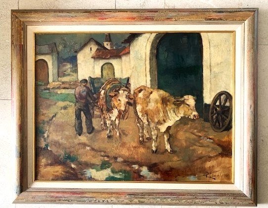 Ossen voor de wagen ca. 1940 - Piet Landkroon 1907-1997, Doek, Ophalen of Verzenden, Bijzondere lijst, Olieverf