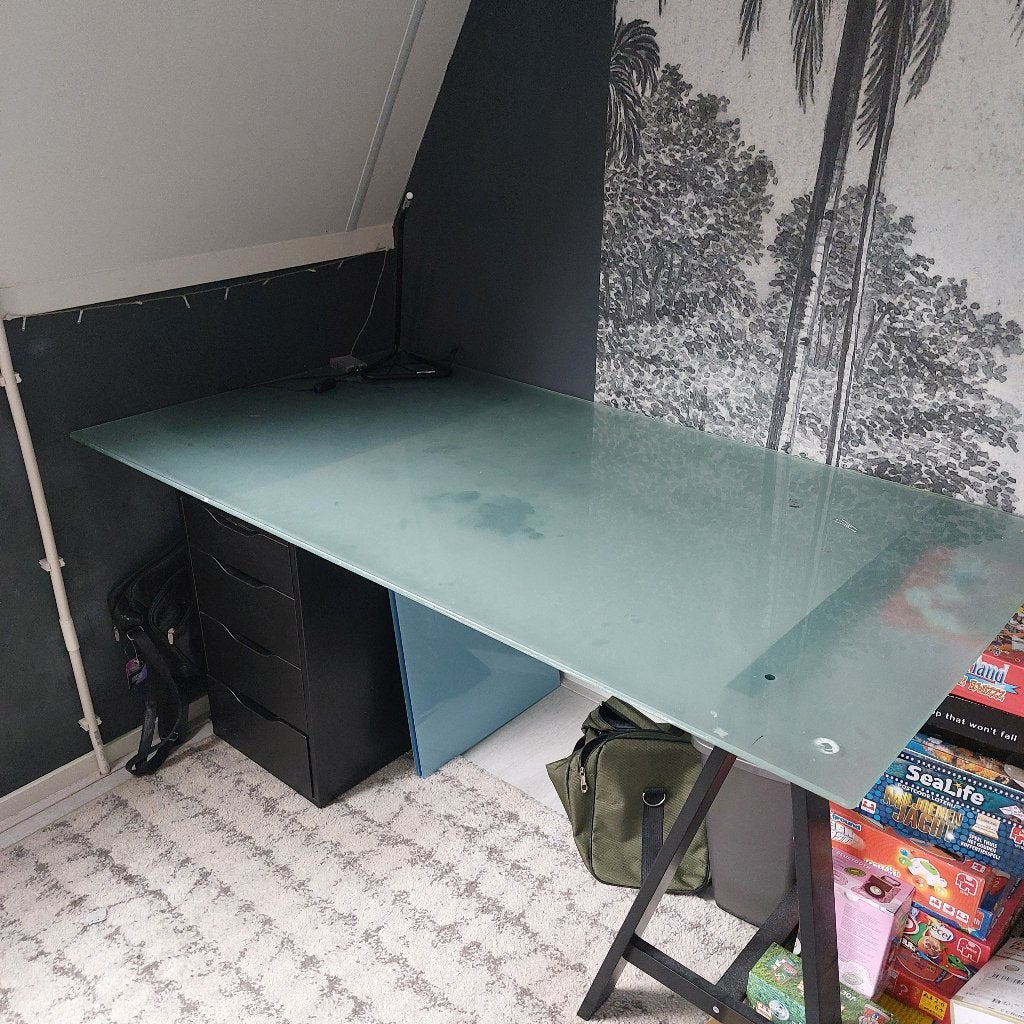 glasplaat bureau met ladeblok en schraag, Demontabel, Gebruikt, 150 cm, 81 cm