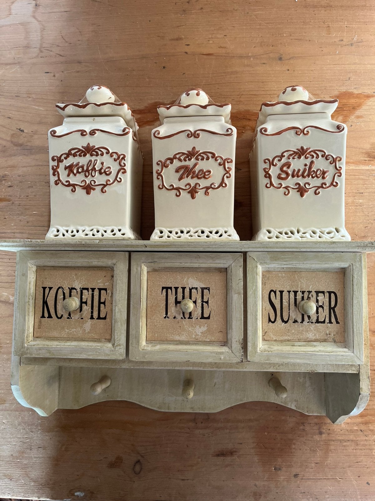 Vintage keukenrekje met voorraadpotten. Koffie suiker thee, Ophalen of Verzenden, Zo goed als nieuw