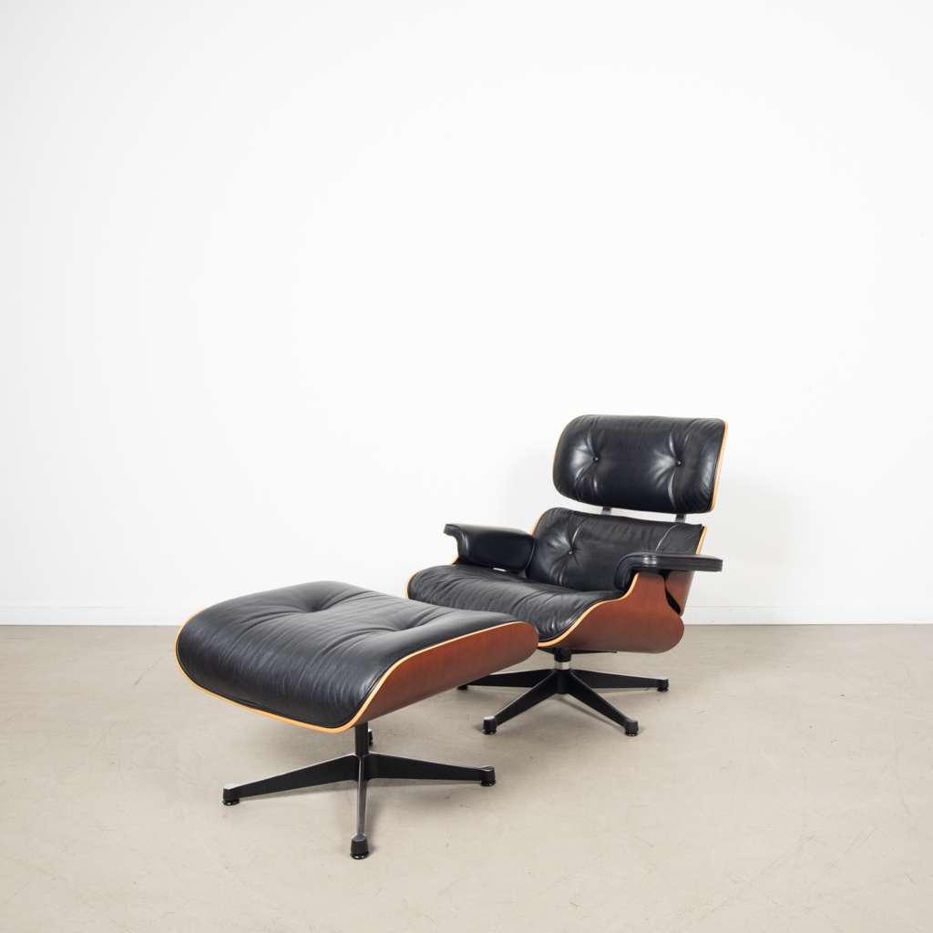 1x Vitra Eames Lounge Chair Fauteuil Zwart Leer + Hocker, Niet ingevuld, Niet ingevuld, 75 tot 100 cm, Zo goed als nieuw