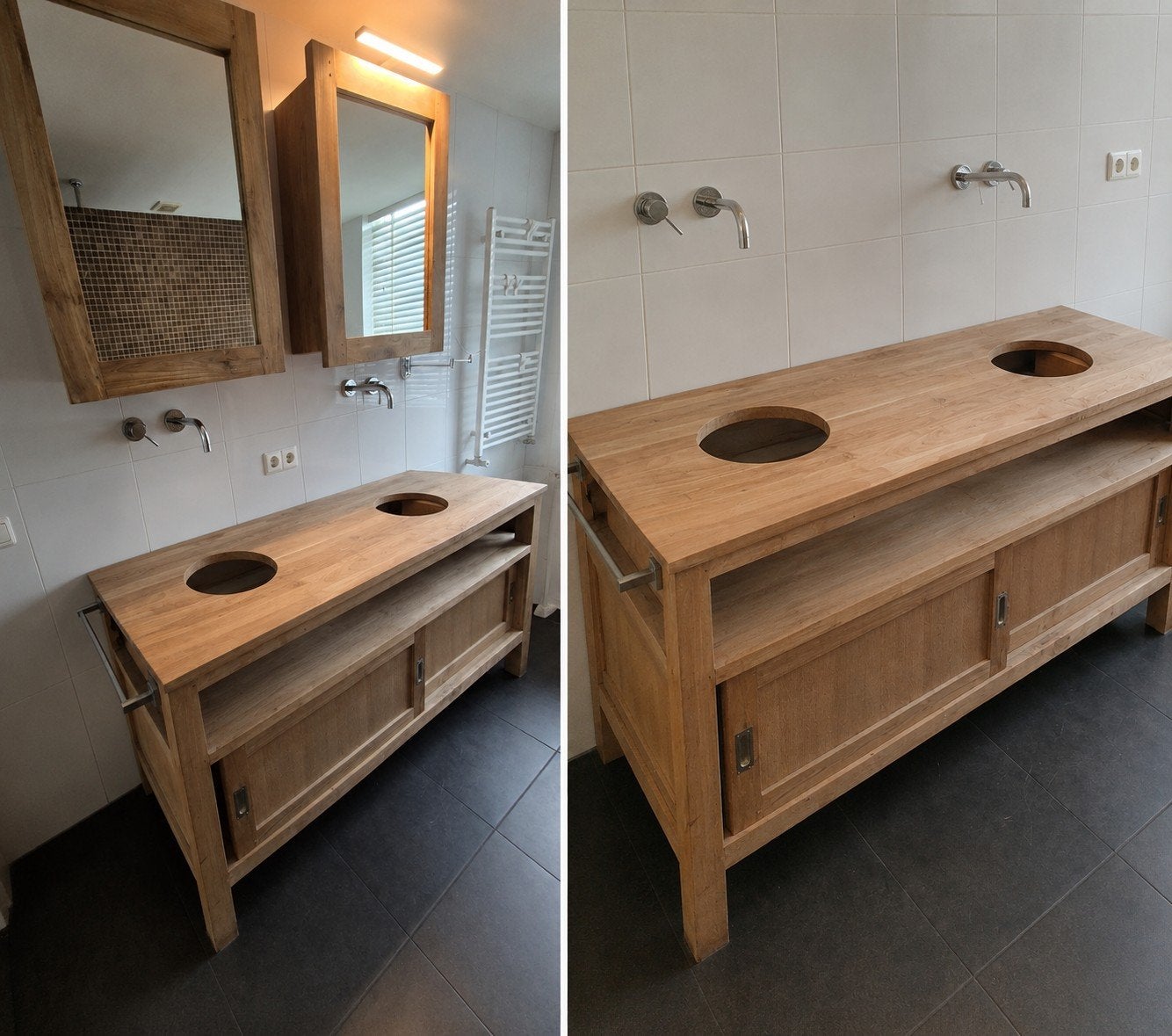 Massief teak houten badkamermeubel en spiegelkasten, Ophalen, Gebruikt, 150 tot 200 cm, Minder dan 100 cm