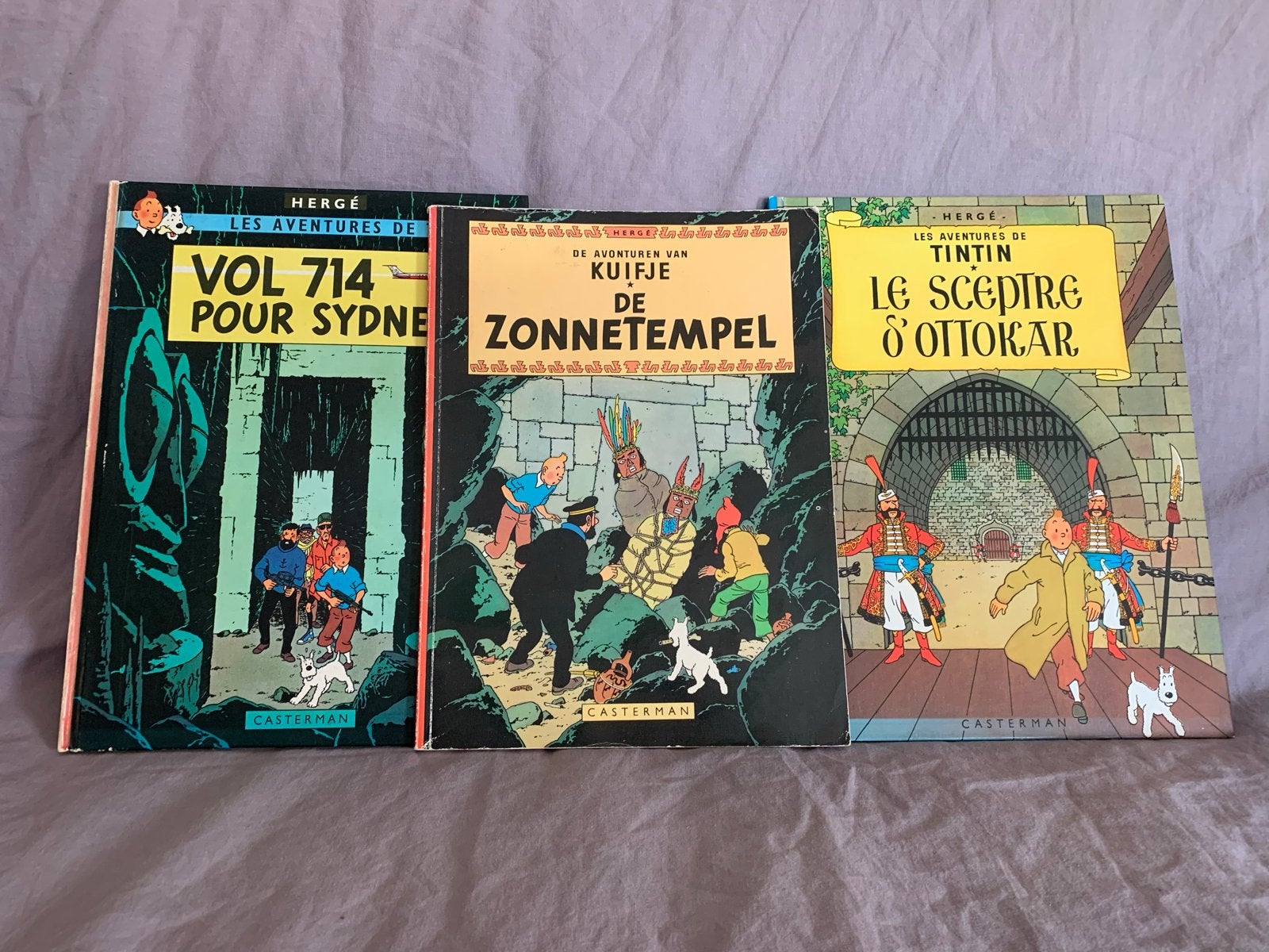 3 Kuifje stripboeken: De Zonnetempel, Vol 714 & Le Sceptre, Meerdere stripboeken, Ophalen of Verzenden, Gelezen