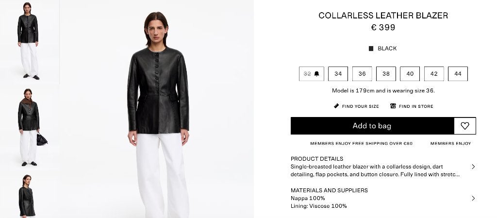 ARKET collarless leather blazer (1x gedragen), Maat 38/40 (M), Verzenden, Zwart, Zo goed als nieuw