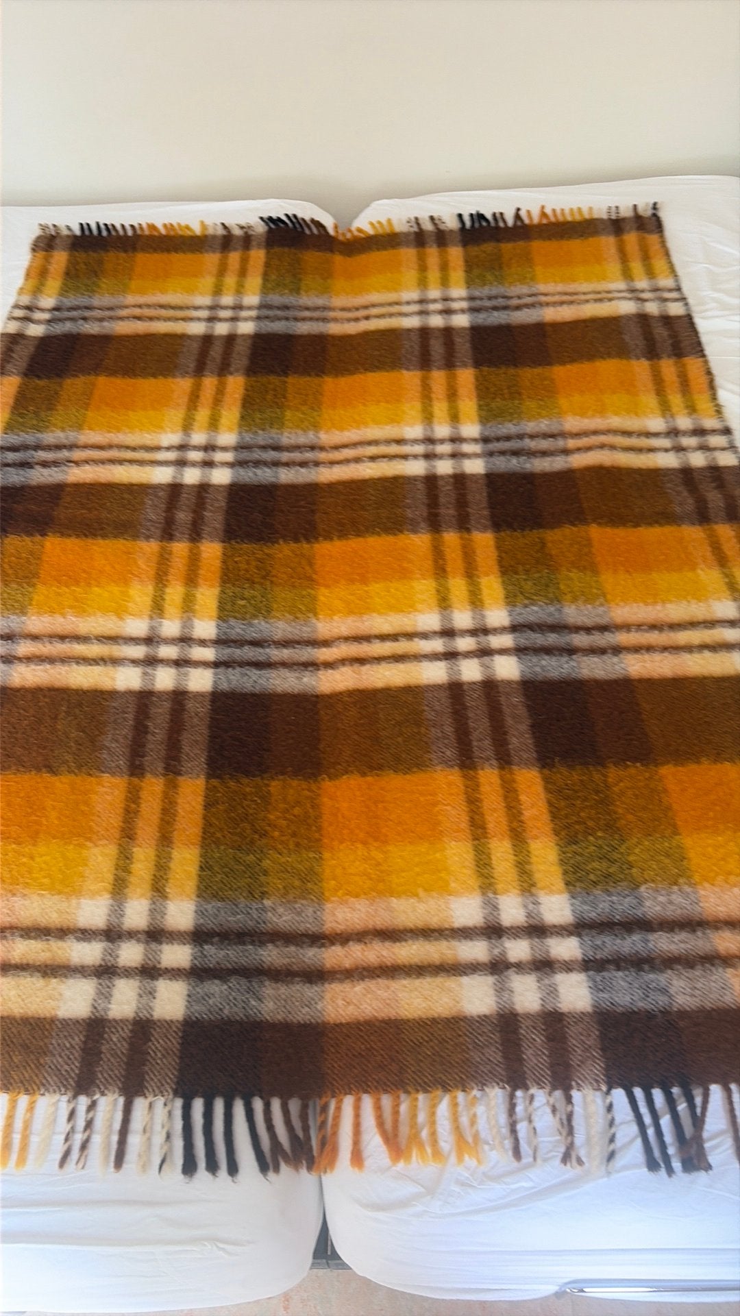 Vintage wollen plaid Aabe oranje bruin geel creme, Ophalen of Verzenden, Zo goed als nieuw