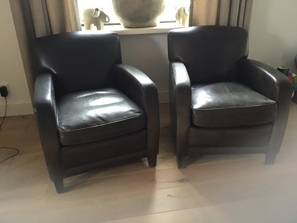 2 donkerbruine schapenleren fauteuils, Huis en Inrichting, Fauteuils, Gebruikt, Leer, Ophalen