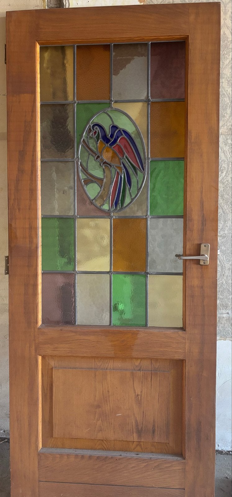 Prachtige houten binnendeur met glas-in-lood papegaai, Ophalen, Gebruikt, 80 tot 100 cm, Binnendeur