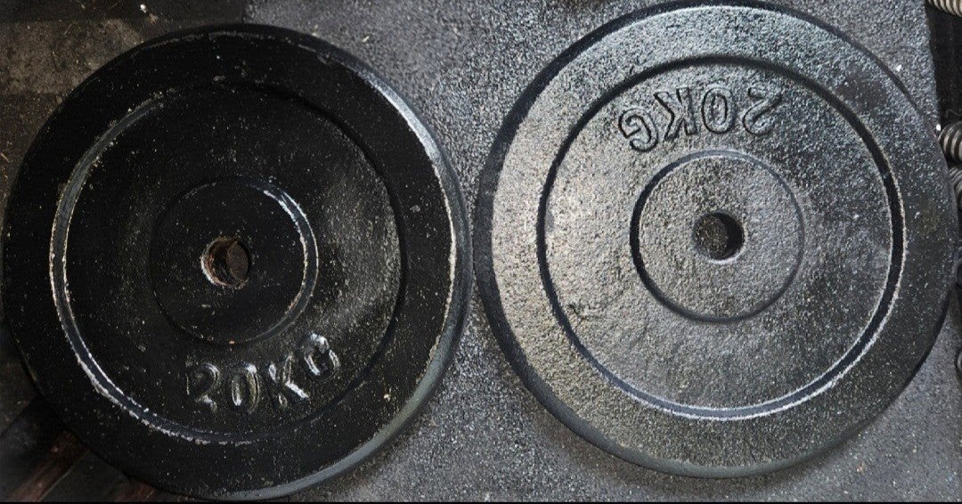 2x 20kg zwarte gietijzeren halterschijven (30mm), Sport en Fitness, Ophalen, Gebruikt, Benen, Halterschijven