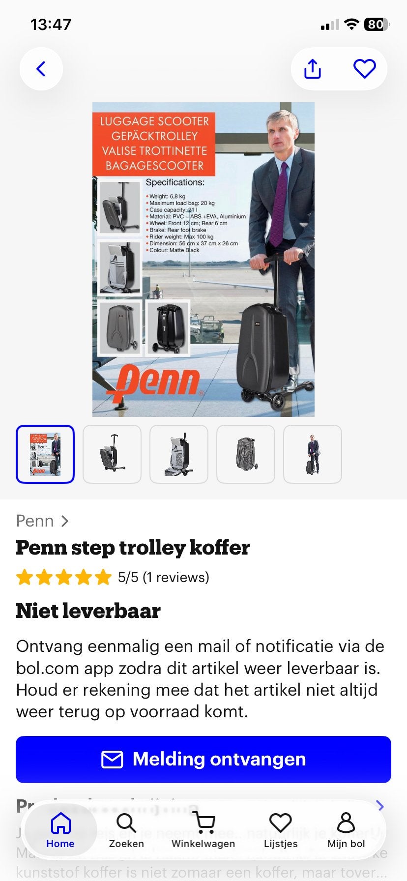Penn Step Trolleykoffer - Handige Bagage Scooter, Ophalen, 40 tot 60 cm, 20 tot 30 cm, Zwart