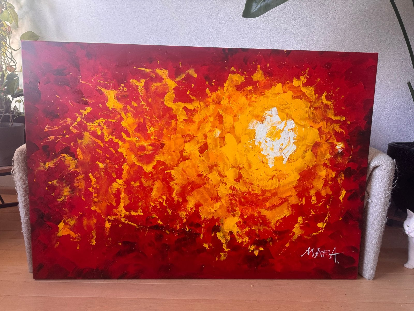 Groot abstract schilderij - rood, geel, oranje (145x100cm), Ophalen