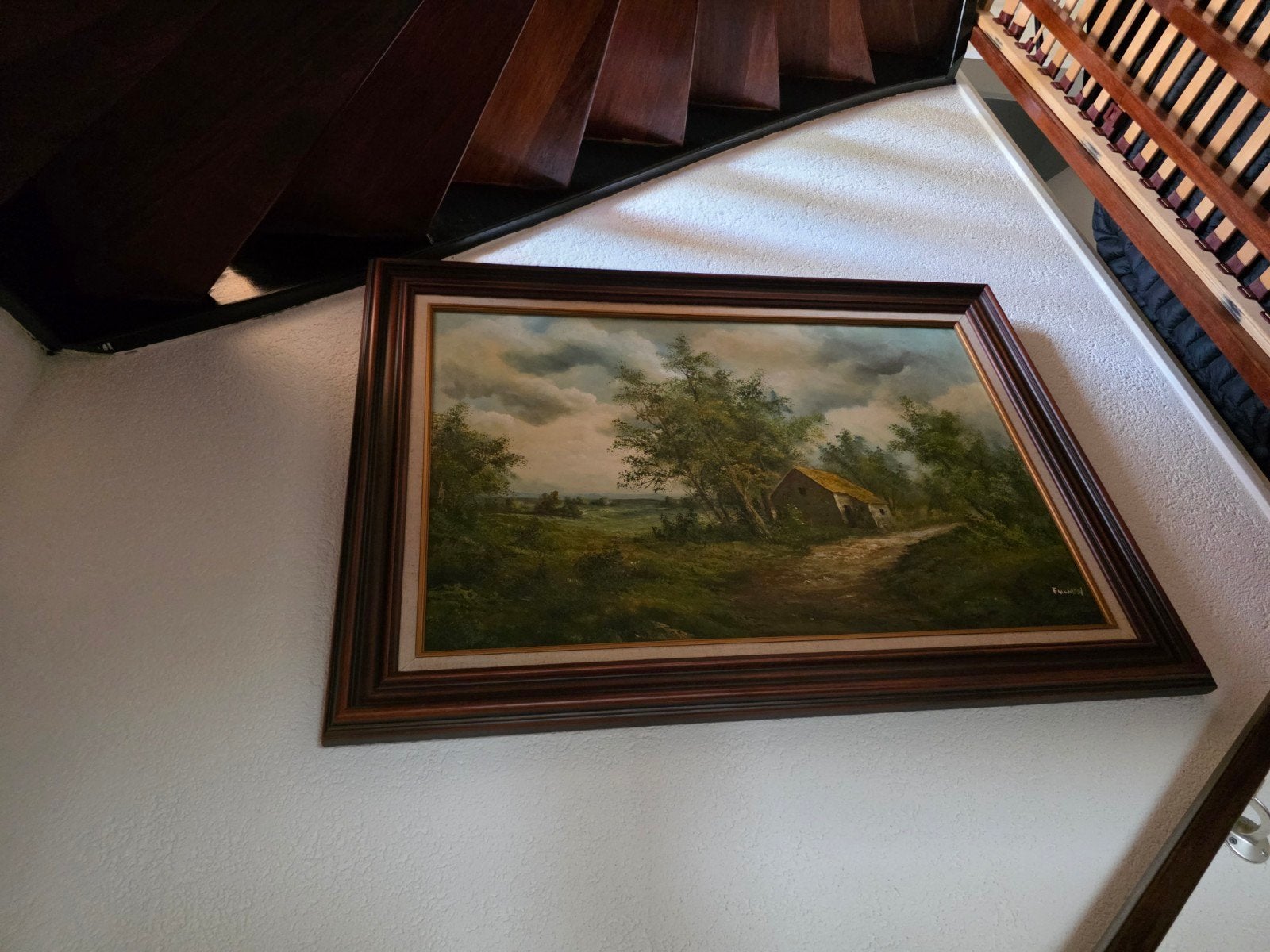 Schilderij Landschap met boerderij en bomen, gesigneerd, Antiek en Kunst, Ophalen, Doek, Realistisch, Origineel werk