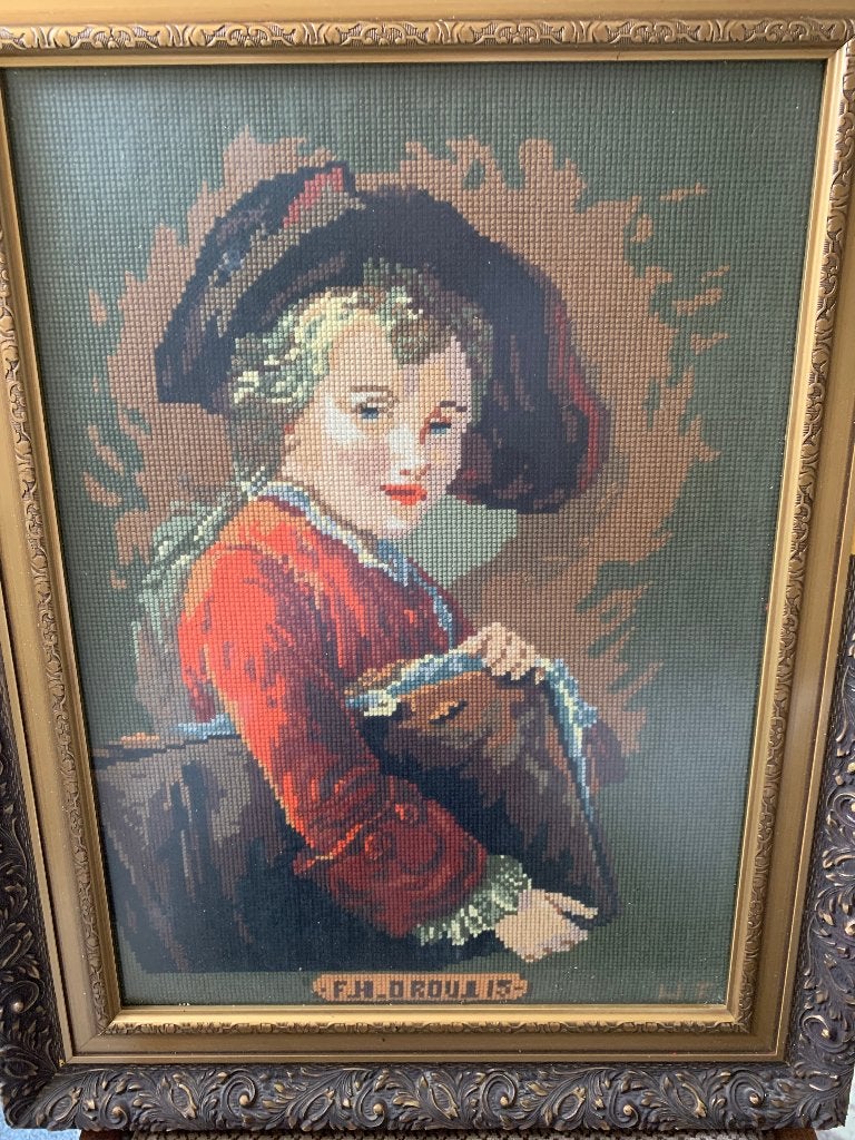 Antiek Gobelin Schilderij - Portret van een Jongen, Ophalen, Bijzondere lijst, Doek, Portret of Personen