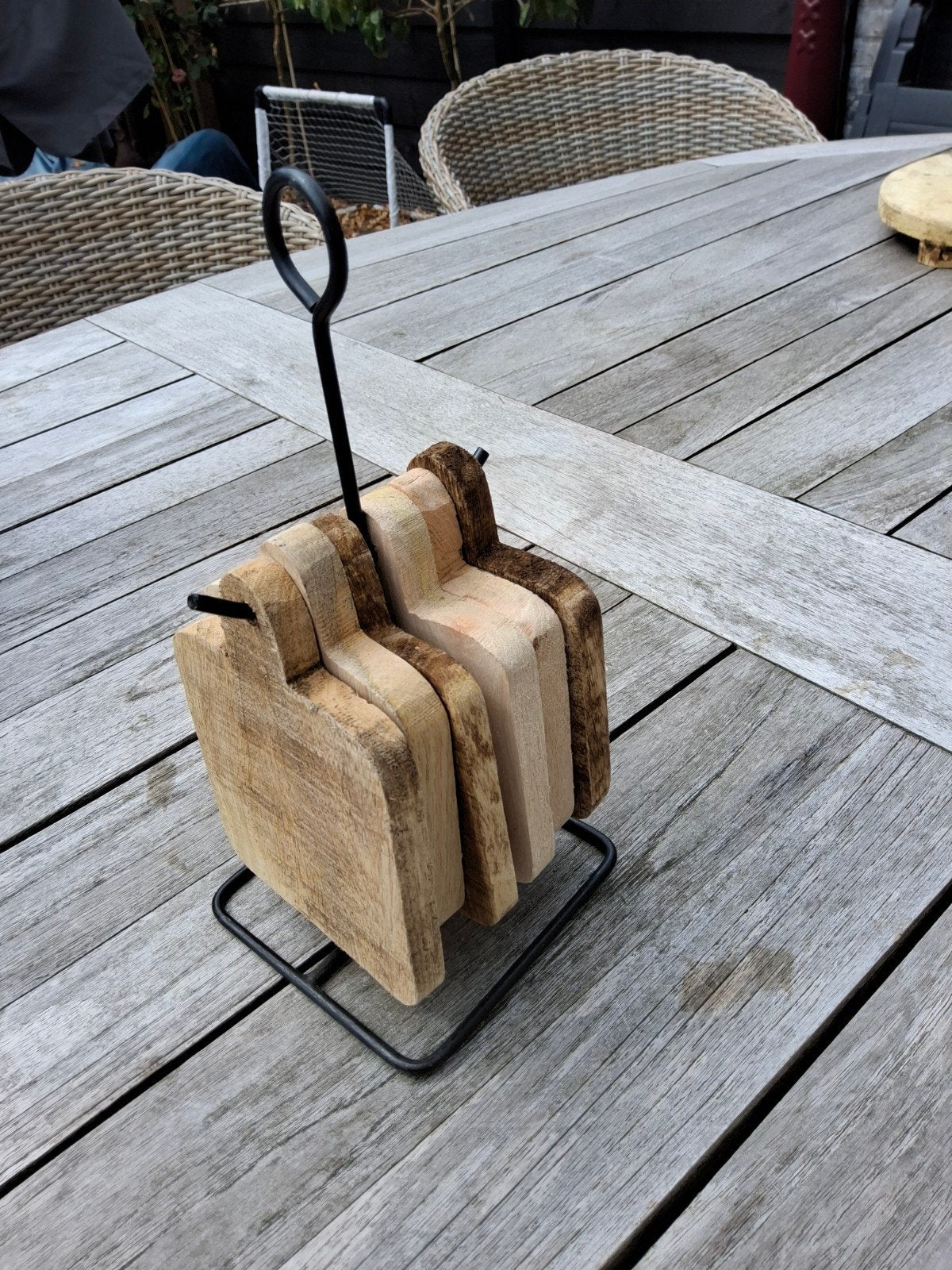 Set van 6 houten snijplankjes met houder, Gebruikt, Hout, Snij-/serveerplank, Ophalen of Verzenden