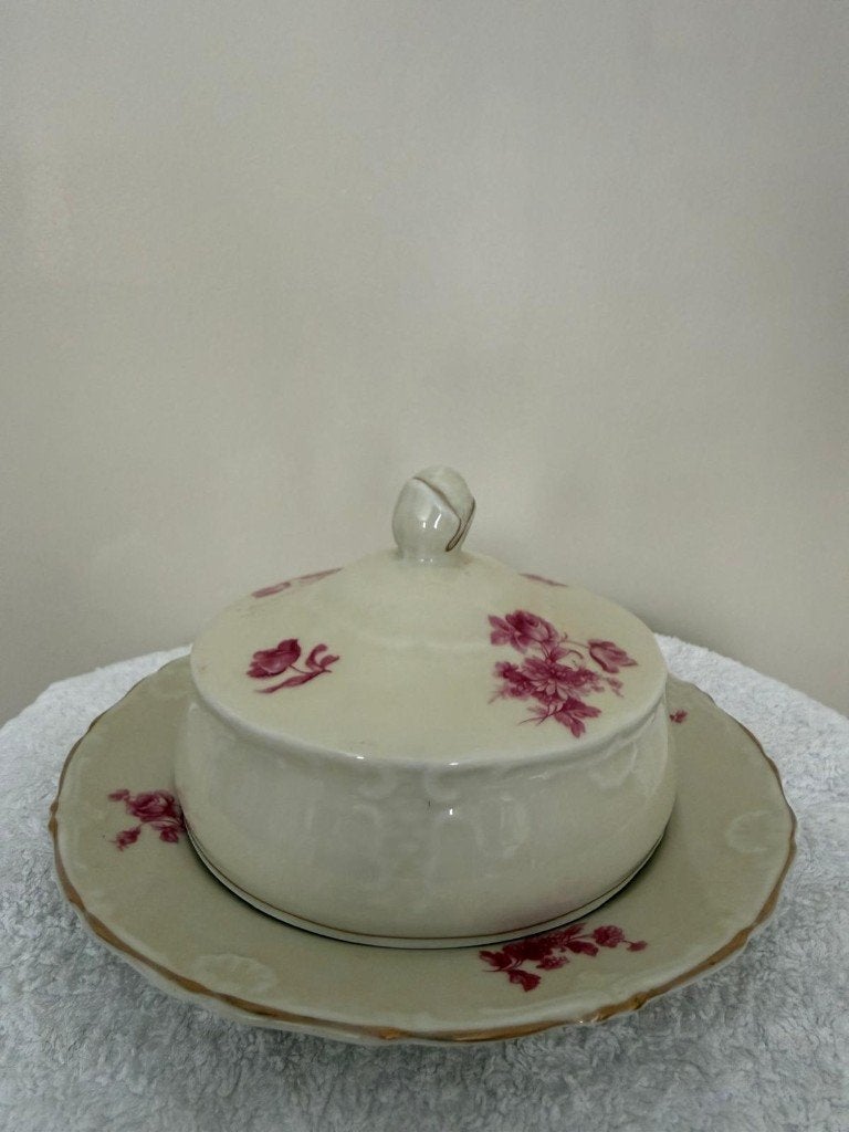 Vintage Porcelain Covered Container with Matching Plate, Gebruikt, Overige typen, Ophalen of Verzenden, Glas