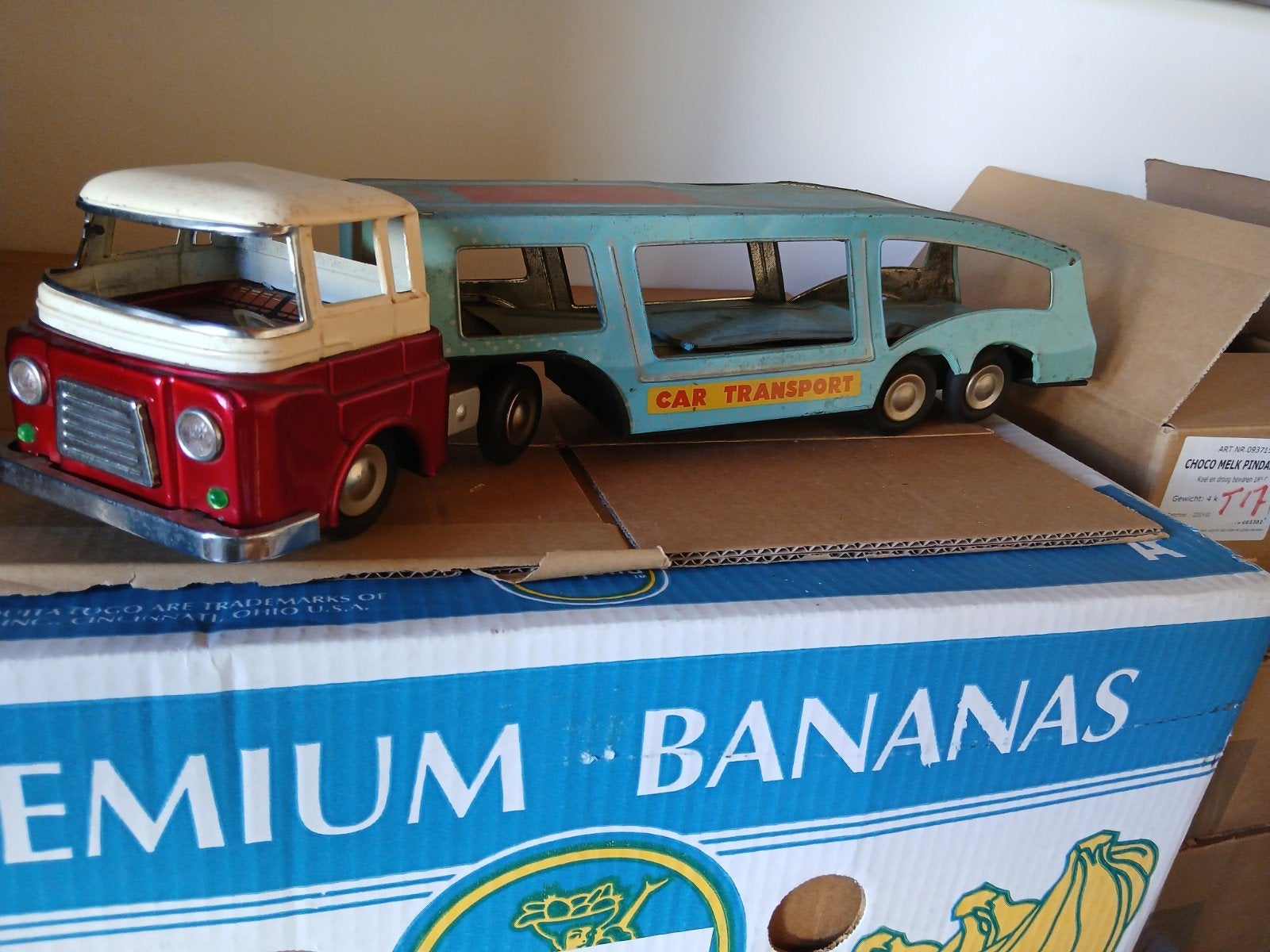 Vintage blikken autotransporter vrachtwagen, Ophalen of Verzenden, Gebruikt