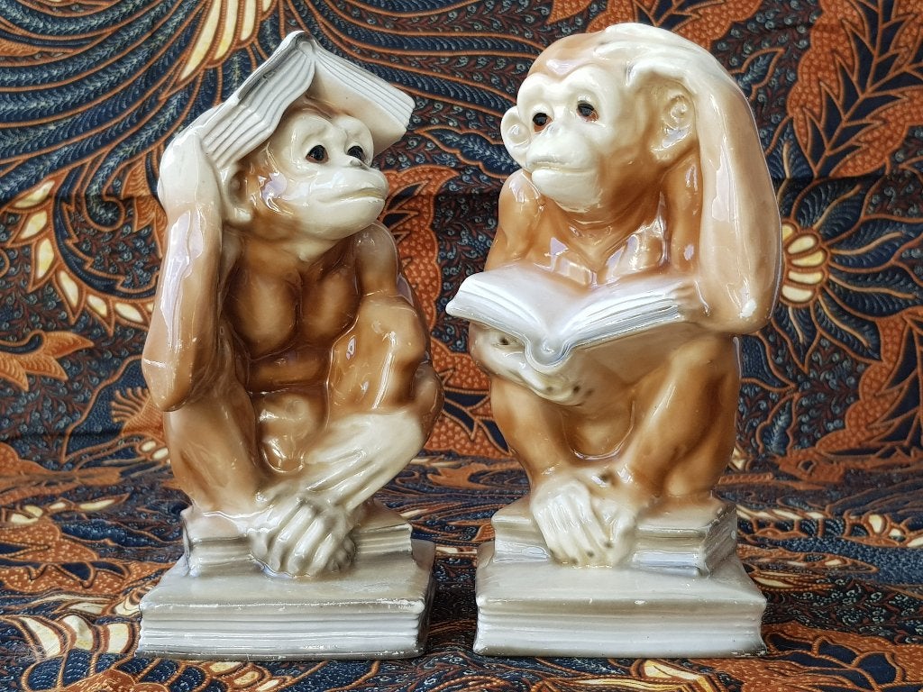 Mooi stel oude boekensteunen als chimpansees 17,5 cm., Ophalen of Verzenden