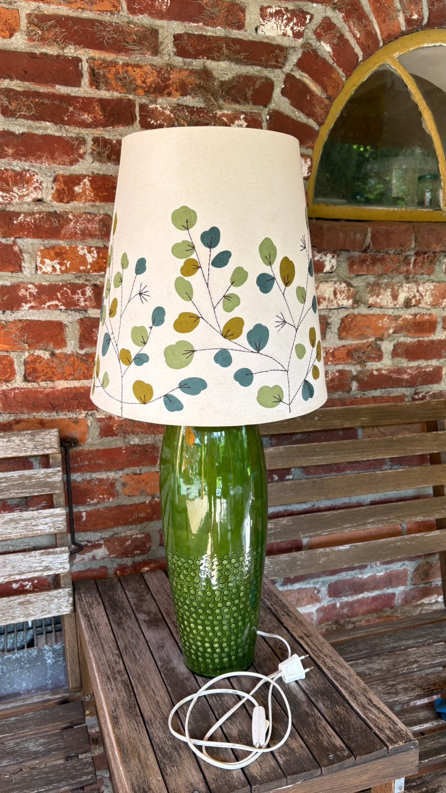 Groene schemerlamp met blaadjesmotief, Ophalen, Gebruikt, Rond, 50 cm of meer