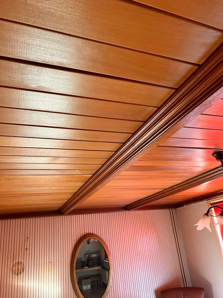 25m² gedemonteerd Hardhouten plafond met beuken dorpels, Ophalen, Gebruikt, Minder dan 25 mm, 250 tot 300 cm