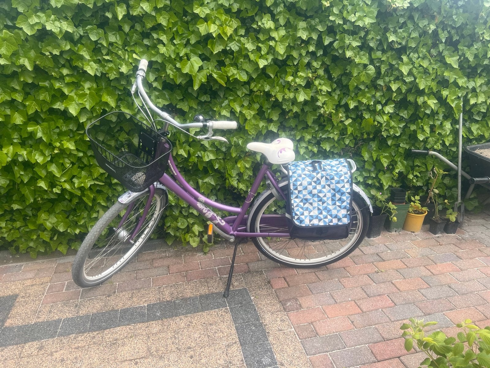 Nette paarse Batavus damesfiets met mand en fietstassen, Ophalen, Velgrem, Versnellingen, Batavus
