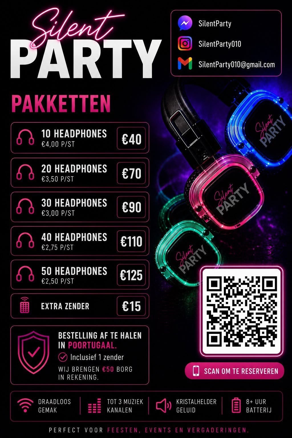 Silent Party Hoofdtelefoons Verhuur - Feesten & Events, Ophalen, Zo goed als nieuw, Overige