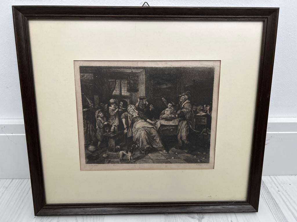 Antieke ets van W. Unger - Scène uit het dagelijks leven, Dagelijks leven, 1800 - 1899, Ets, Ophalen of Verzenden