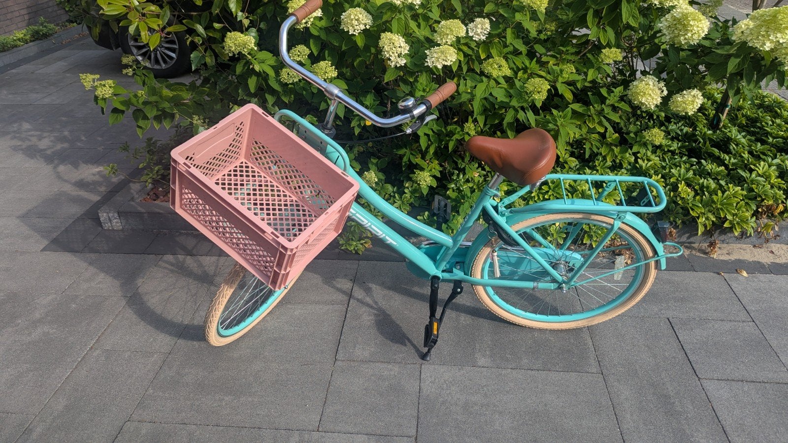 Mooie mintgroene meisjesfiets met roze krat en verlichting, Fietsen en Brommers, Fietsen | Meisjes, Terugtraprem, 24 inch, Ophalen of Verzenden