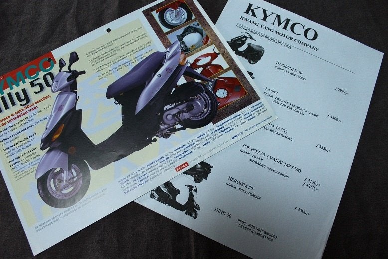 Kymco Filly 50 1998 scooter verkoop folder met prijslijst, Ophalen of Verzenden, Gebruikt
