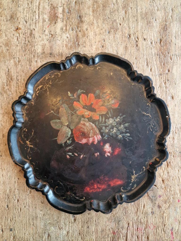 Toleware Dienblad met Handgeschilderde Bloemen, Ophalen of Verzenden
