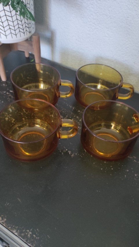 Vintage soepkommen amberkleurig glas 4x, Gebruikt, Overige merken, Ophalen of Verzenden, Glas