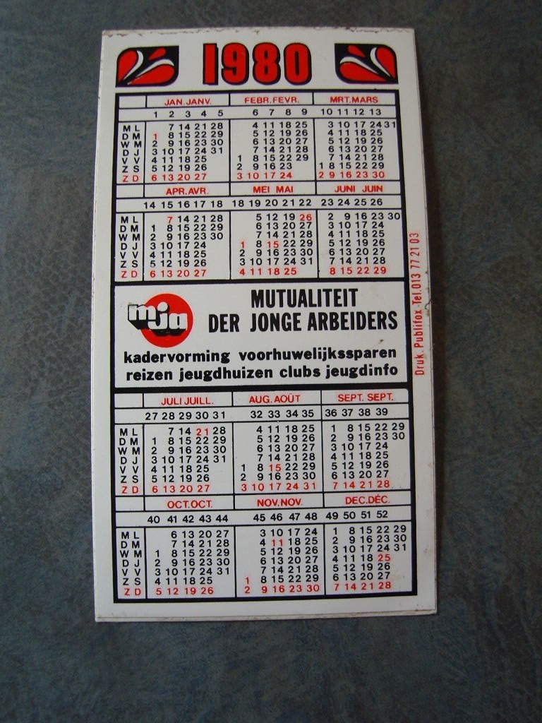 sticker kalender 1980 MJA mutualiteit der jonge arbeiders, Ophalen, Zo goed als nieuw