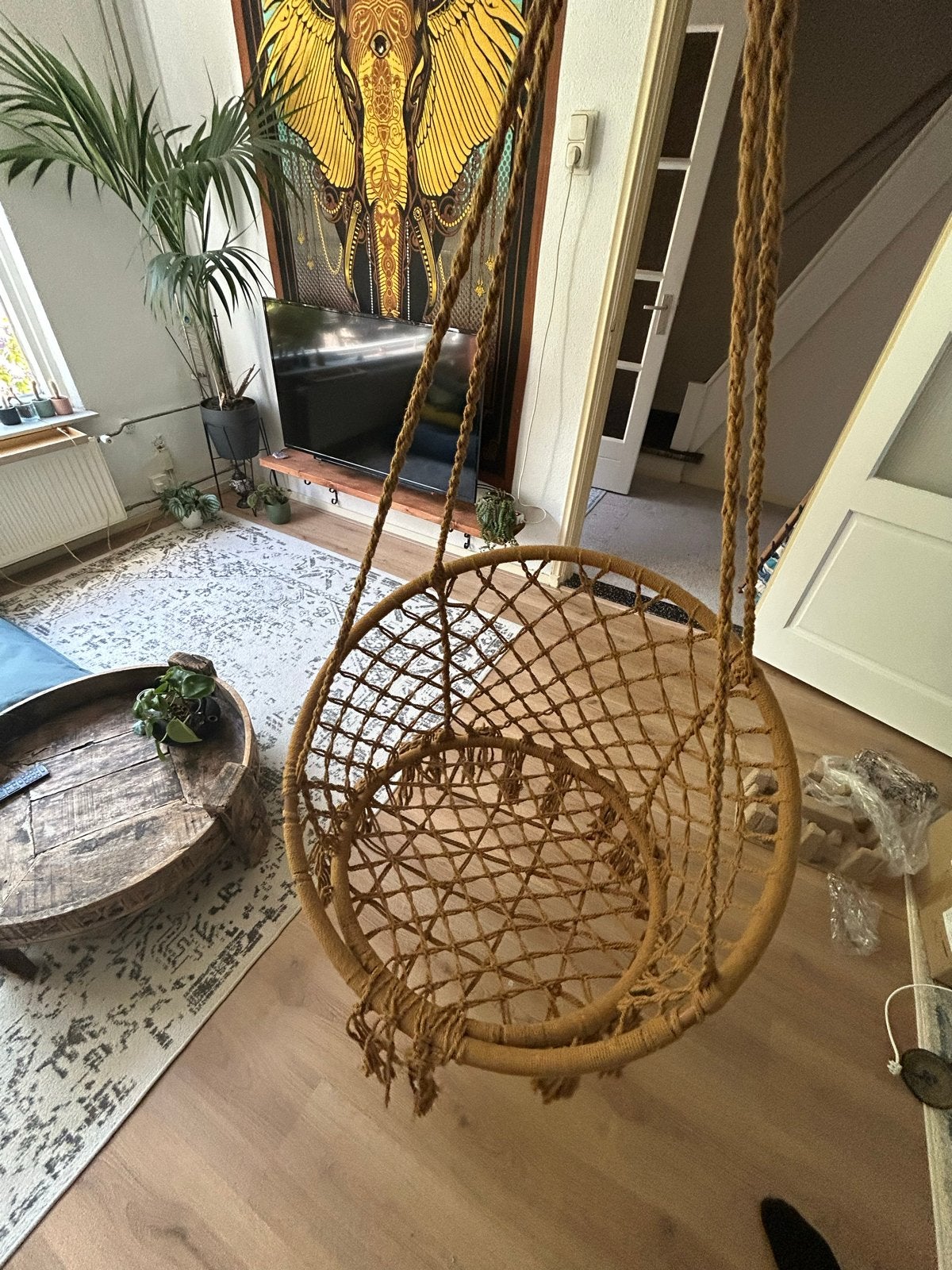 Comfortabele touwen hangstoel met complete ophangset, Overige materialen, Bruin, Ophalen of Verzenden, Zo goed als nieuw