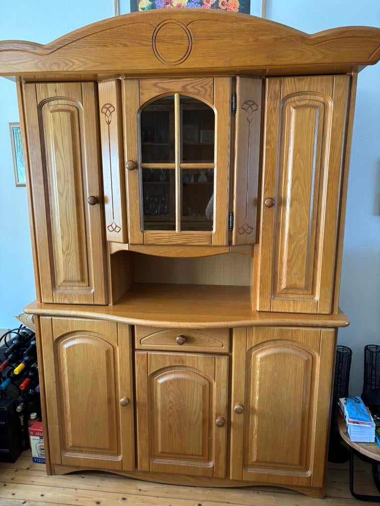 Vitrine kast 2 delig Blank eiken, Ophalen, Gebruikt, Eikenhout, 150 tot 200 cm