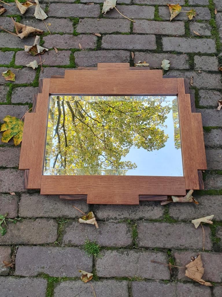 Art Deco Amsterdamse School spiegel met houten lijst, Antiek en Kunst, Antiek | Spiegels, Ophalen, Rechthoekig, 50 tot 100 cm