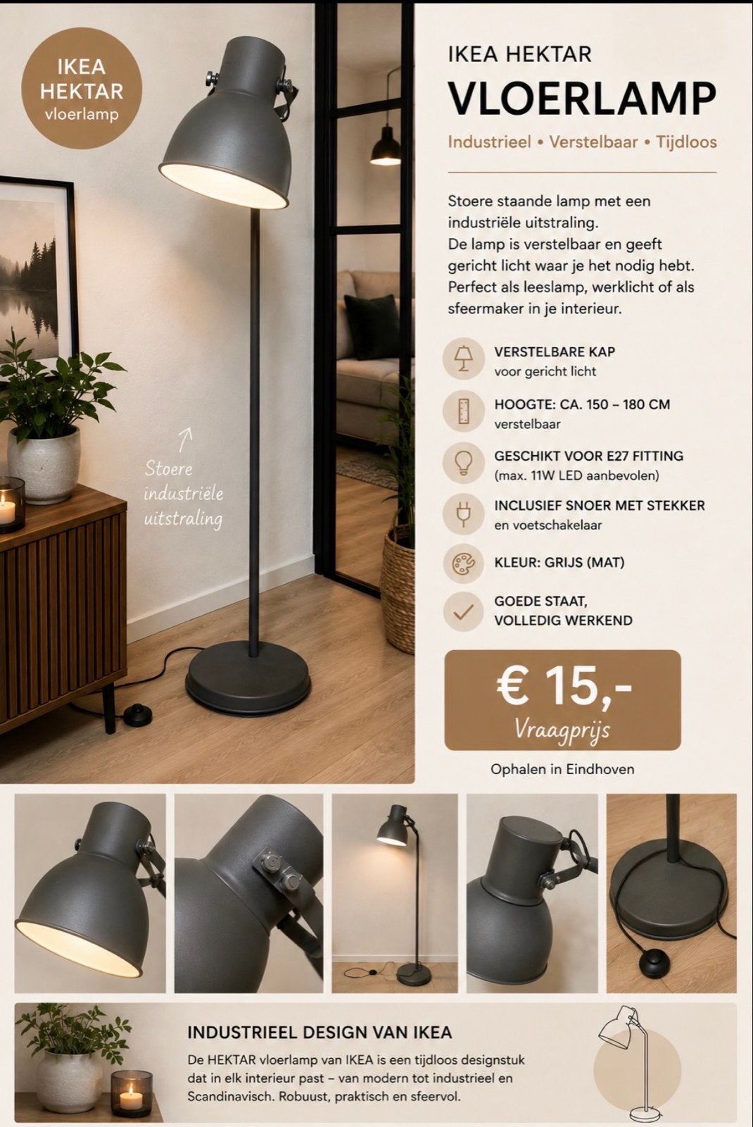 IKEA Hektar Vloerlamp - Industrieel & Verstelbaar, Ophalen, Gebruikt, E27 (groot), Metaal