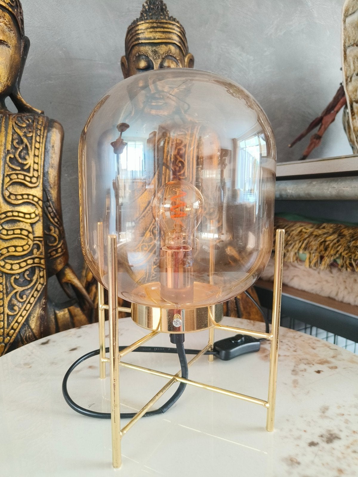 Sfeervolle Vintage / Industriële Tafellamp Amber Glas & Goud, Ophalen, Goud, 28 cm, E14 (klein)