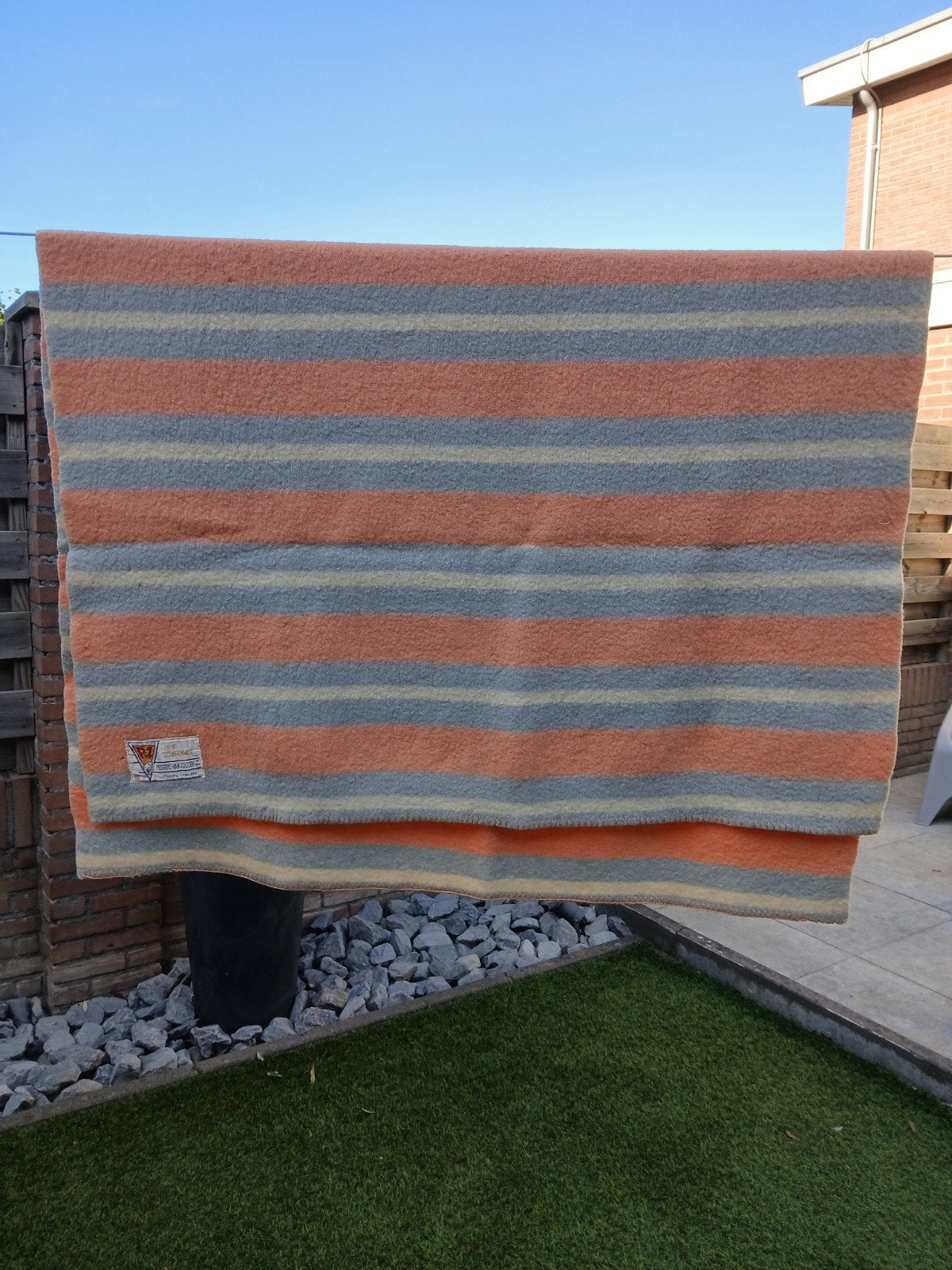 Vintage P.Z. 100% Schapenwol Deken - Oranje/Grijs/Crème, Grijs, Gebruikt, 100 tot 150 cm, 150 tot 200 cm