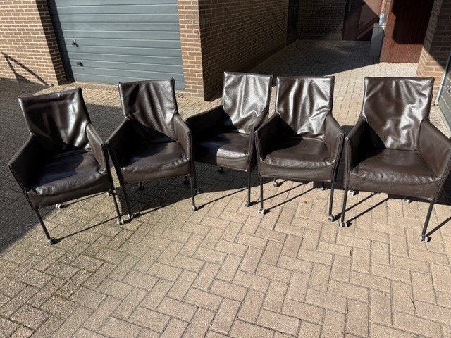 Set van 5 bruine eetkamerstoelen op wieltjes, Ophalen, Gebruikt, Bruin, Leer