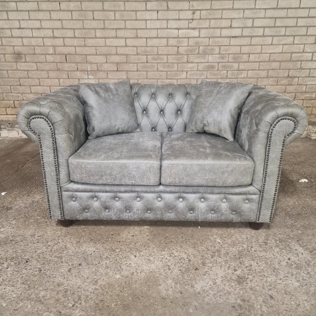 Chesterfield bank Brighton 2-zits stof /softleer grijs, Ophalen, 150 tot 200 cm, Chesterfield, Tweepersoons